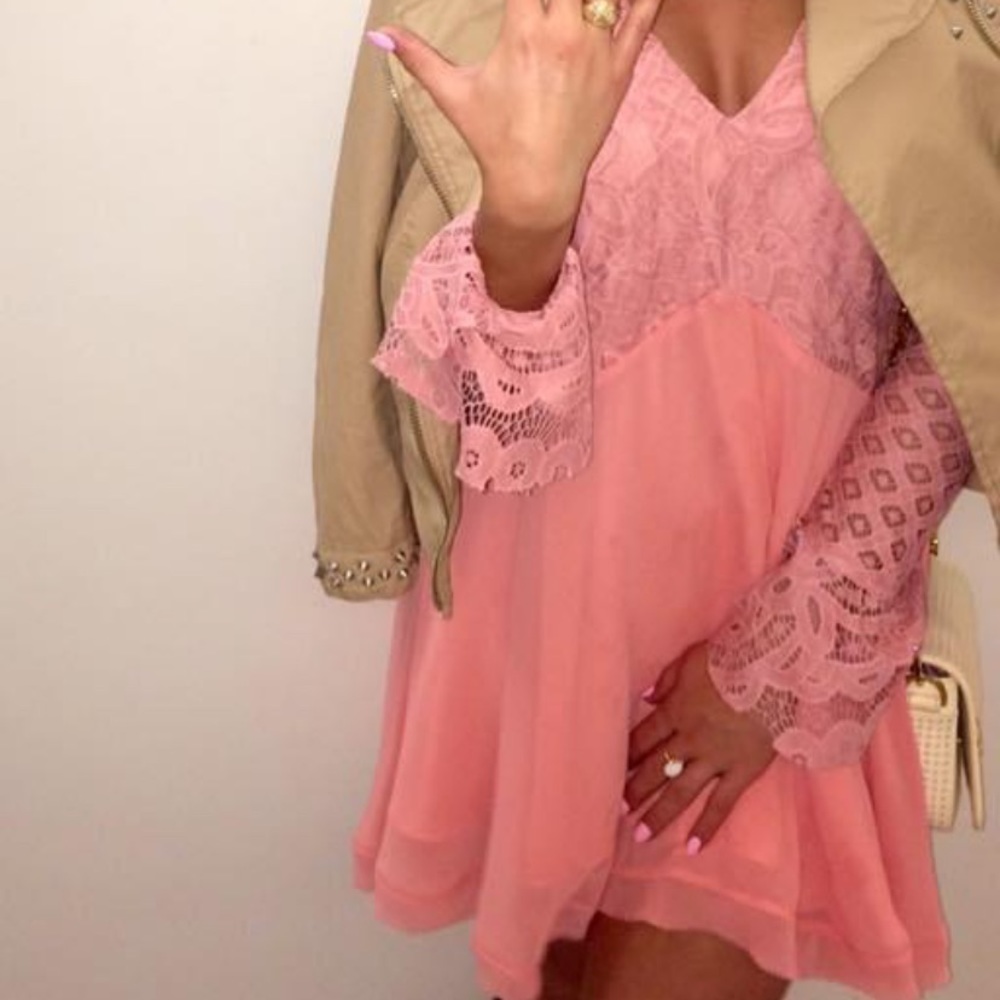Pink long lace sleeve dress
